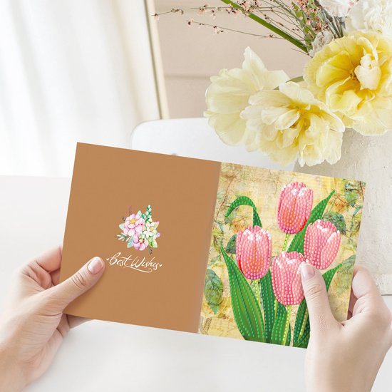 Wenskaart met diamantschilderij van een boeket roze tulpen met strik, met "Best Wishes"