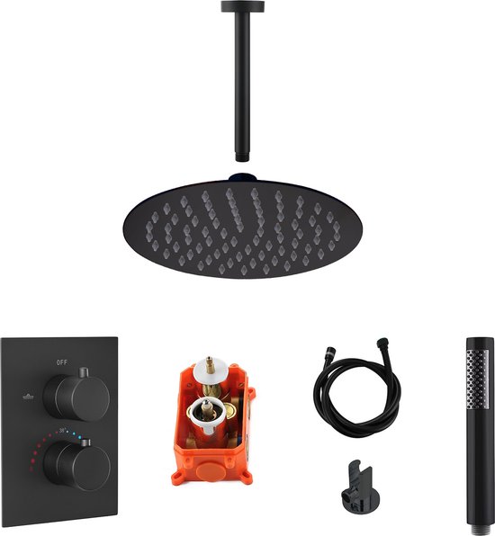 Doucheset Eva Inbouw Rond Mat Zwart Thermostaatkraan Handdouche