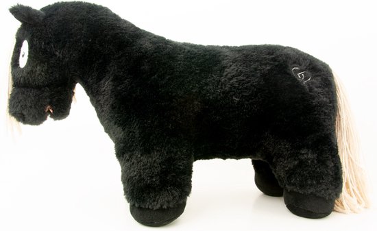 Zwart pluche paardje met witte manen, met cijfer 6 op de bil
