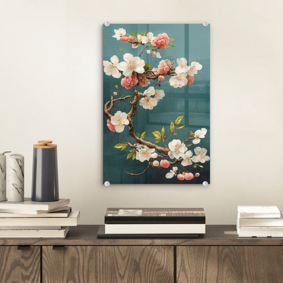 MuchoWow® Tableau sur verre 20x30 cm - Tableau sur verre acrylique - Fleurs - Fleur - Cerises - Branche - Wit - Photo sur verre - Décoration murale salon - Décoration murale chambre - Peintures