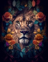 AI - Woondecoratie - Poster - Dieren - Leeuw - Bloemen en jungle - 11 - 50 x 70 cm