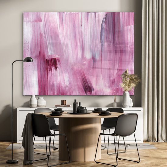 MuchoWow® Glasschilderij 160x120 cm - Schilderij acrylglas - Kleuren - Verf - Schilderij - Roze - Foto op glas - Schilderijen