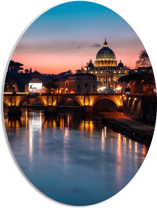 PVC Schuimplaat Ovaal - Romeinse Brug in Rome met Zonsondergang - 42x56 cm Foto op Ovaal (Met Ophangsysteem)