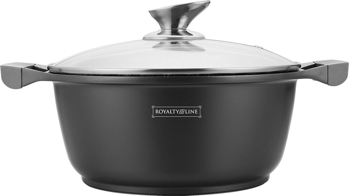 Royalty Line RL-BS28M: Kookpan Met Marmercoating En Glazen Deksel - 28 cm