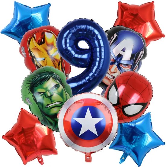 Superhelden Feestpakket - Kinderfeestje met Superhelden Hulk Spiderman IronMan Marvel Superheroes - Kinderverjaardag - Feestversiering - Verjaardag Ballonnen - Kinderfeest Jongen - Verjaardag Versiering - Superheld Ballon - Leeftijdballon 9 jaar
