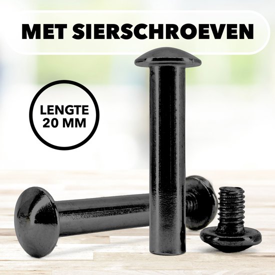 Zwarte sierbouten van 20mm lengte, met een ronde kop.