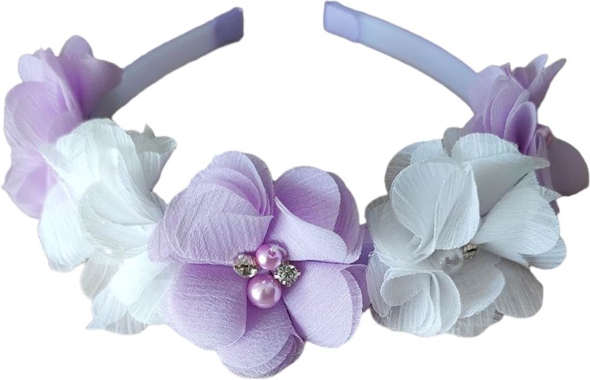 Meisjes Diadeem met Roosjes - Haaraccessoire voor Communie, Feest & Lente - Lavendel & Wit
