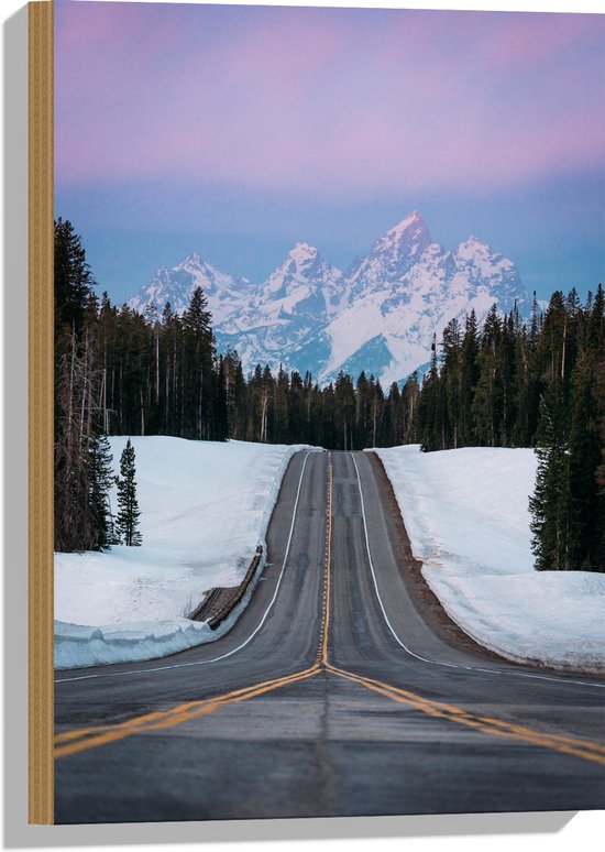 WallClassics - Hout - Steile Autoweg Met Uitzicht op BergAUt - 40x60 cm - 9 mm dik - Foto op Hout (Met Ophangsysteem)