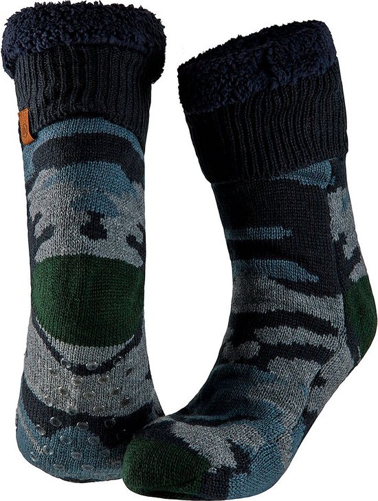 Apollo - Huissokken heren met anti slip - Groen/Blauw - One size - Fluffy sokken - Slofsokken - Huissokken anti slip - Huisokken - Warme sokken heren