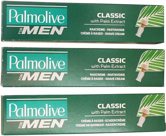 Drie staande tubes Palmolive Men Classic scheercrème. Groen met witte tekst. Met palmbladeren.