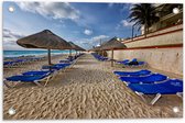 WallClassics - Tuinposter – Blauwe Ligbedden op Strand met Rieten Parasols - 60x40 cm Foto op Tuinposter (wanddecoratie voor buiten en binnen)
