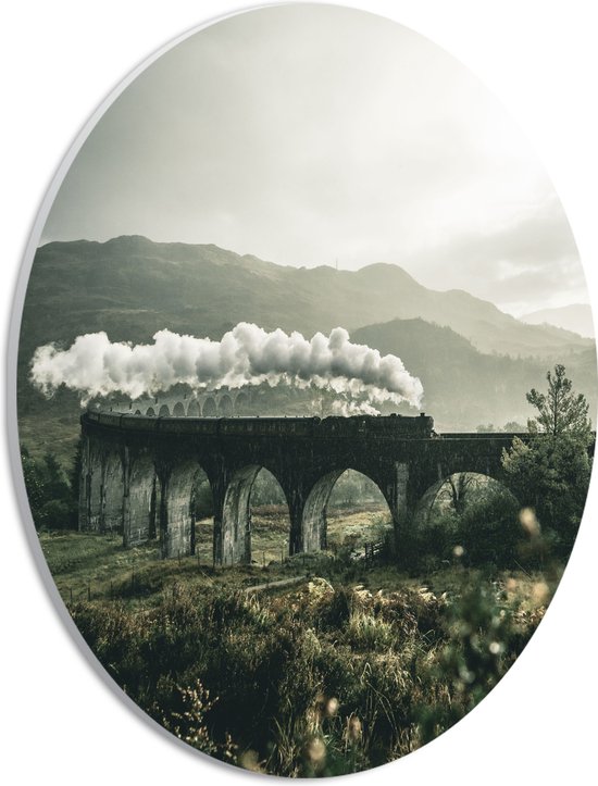 PVC Schuimplaat Ovaal - Stoomtrein op Glenfinnanviaduct - 21x28 cm Foto op Ovaal (Met Ophangsysteem)