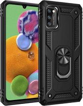 Hoesje Geschikt voor Samsung Galaxy A41 Stevige Magnetische Anti shock ring back cover case- schokbestendig-TPU met stand + Gratis screenprotector kleur Zwart