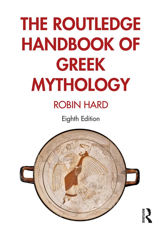 Het Routledge Handboek van Griekse Mythologie, achtste editie, met een illustratie van een Griekse vaas met gevleugelde figuren.