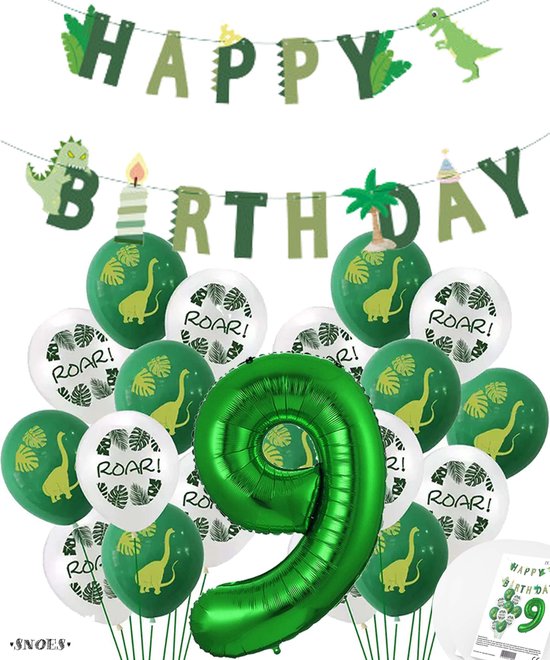 Cijfer Ballon 9 Jaar - Dinosaurus - Dino Mega pakket Ballonnen en Feestslinger - Groen - Helium Ballon - Snoes