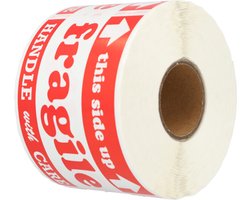 500x Verhuisstickers op Rol Breekbaar Fragile Etiketten 127mm x 76,2mm - Handle With Care - This Side Up - Transport Stickervel