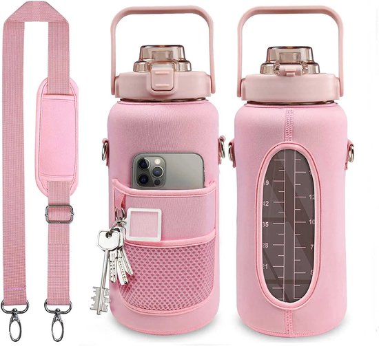 Waterfles 2 liter - Motivatiewaterfles Met Draagtas - Drinkfles met rietje - Grote waterfles 2 liter - Sportbidon - Sportfles Fitness - Bottle 2 liter - Schenkfles - Drinkbus - Waterflessen