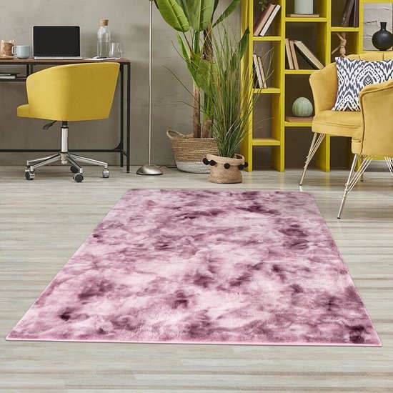 Flycarpets Cane Hoogpolig Fluffy Tie Dye Look Vloerkleed - Roze - 160x230 cm