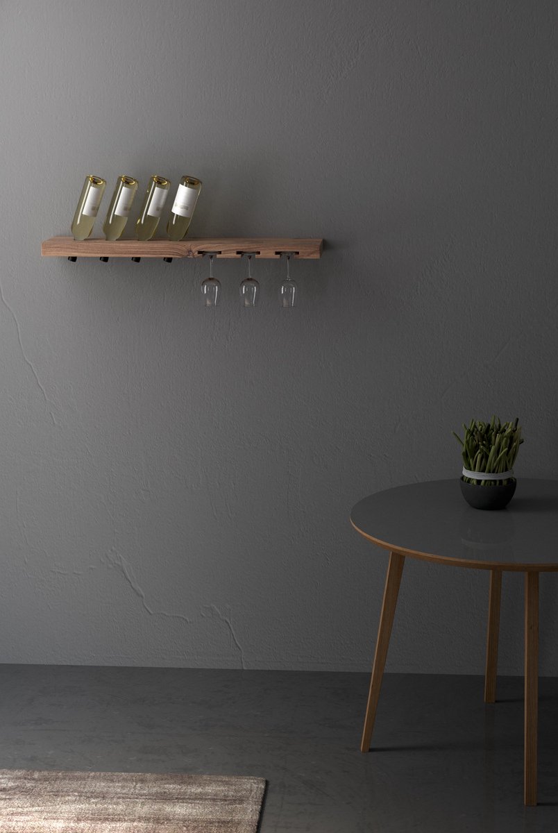 Tu Las™ Massief houten wijnflessen houder inclusief wijnglazen en champagneglazen houder - 94 x 22 x 4 cm - Zwevende wijnflessen houder - Muur bevestiging - Walnoot hout — cadeau in Wonen & Interieur - foto 7