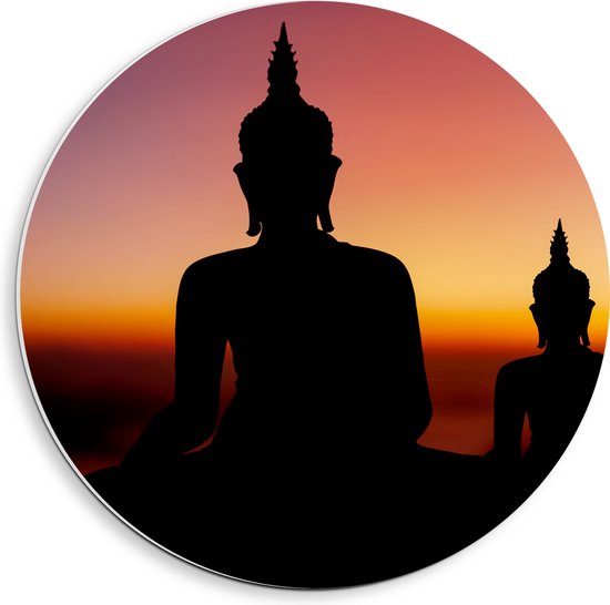 PVC Schuimplaat Muurcirkel - Silhouet van Boeddha's bij Feloranje Zonsondergang - 40x40 cm Foto op Muurcirkel (met ophangsysteem)