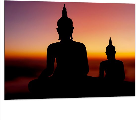 Dibond - Silhouet van Boeddha's bij Feloranje Zonsondergang - 100x75 cm Foto op Aluminium (Met Ophangsysteem)