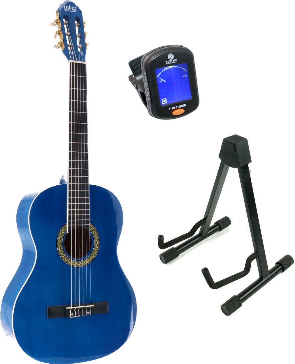 LaPaz 002 BL klassieke gitaar 4/4-formaat blauw + statief + stemapparaat