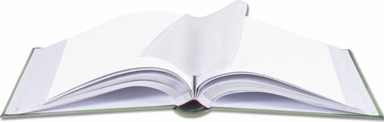 Een open Henzo fotoalbum met beschermende vellen, liggend op een witte achtergrond.