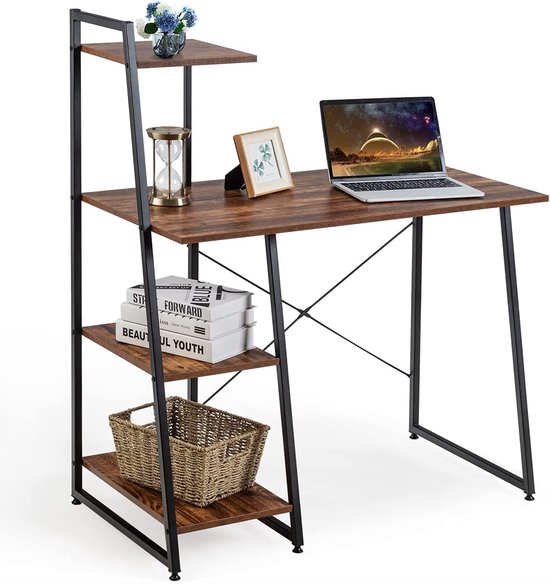 Computertafel met 4 planken, bureau hout & metaal, pc-tafel, kantoortafel, werktafel, kantoortafel voor kantoor, werkkamer, woonkamer, 98 x 50 x 118 cm (bruin)