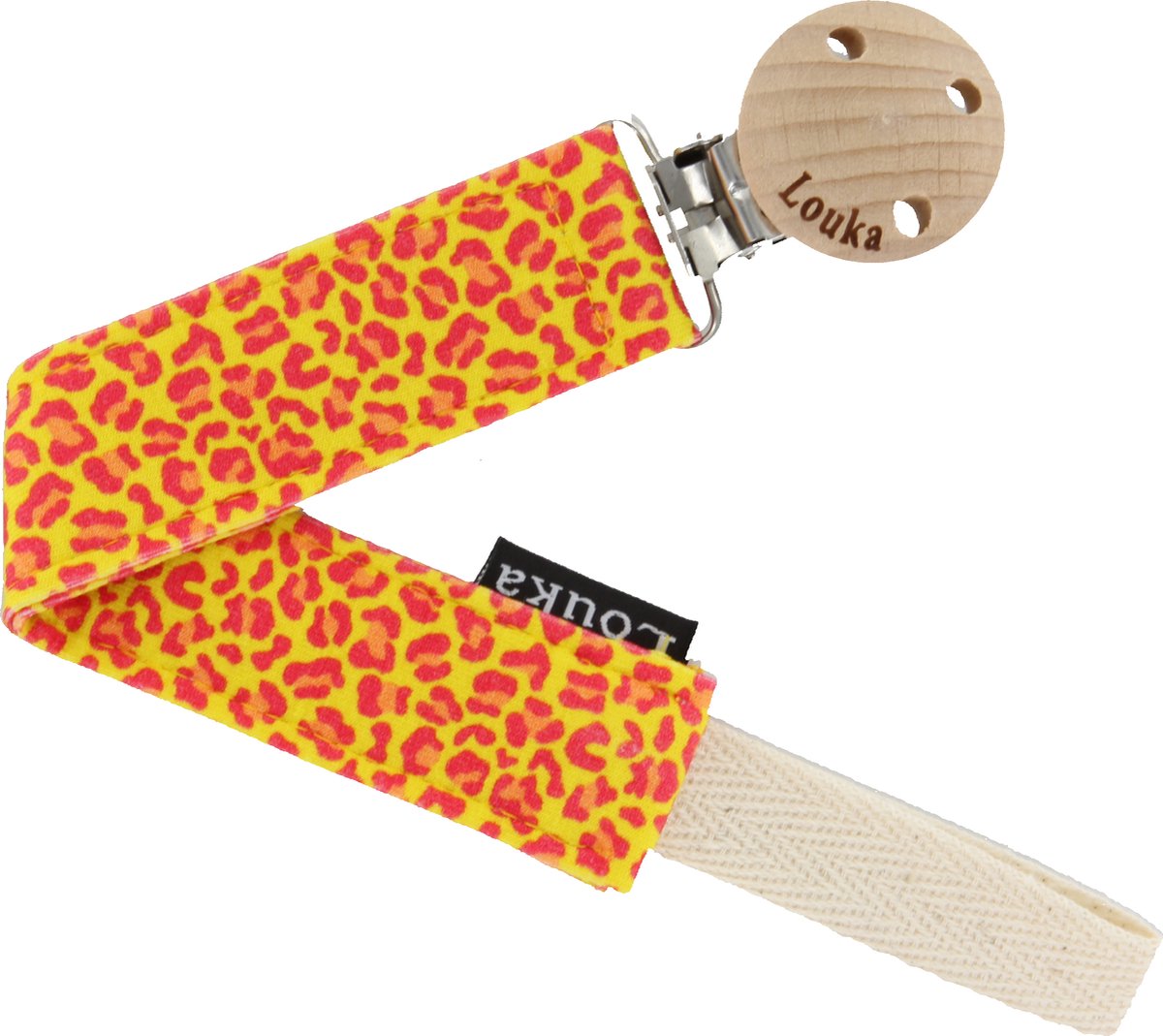 Goedkoopste Louka Speenkoord panter geel de luxe - houten clip - oranje - speenketting