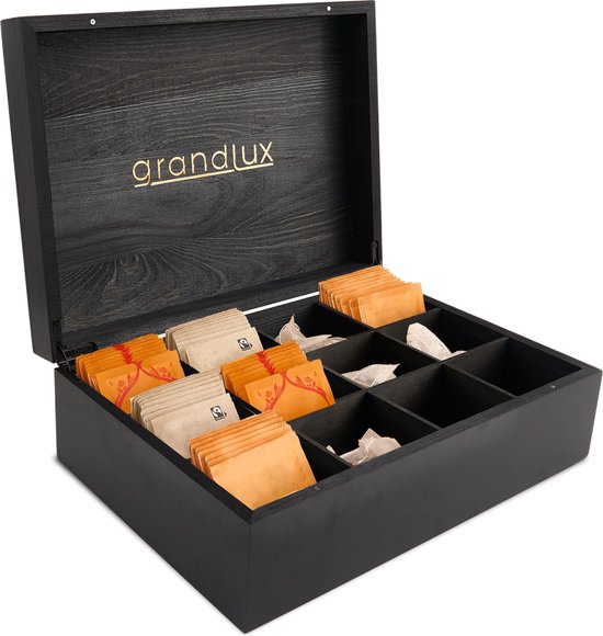 Grandlux Theedoos 12 Vaks - Ruime Vakken voor Clipper, Pukka, Twinings & Losse Thee - Theekist - Zwart - GrandLux