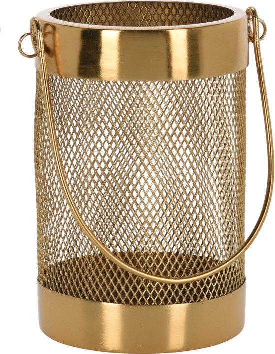 H&S Collection Windlicht - goudkleurig - metaal - 12 cm - lantaarn - kaarshouder