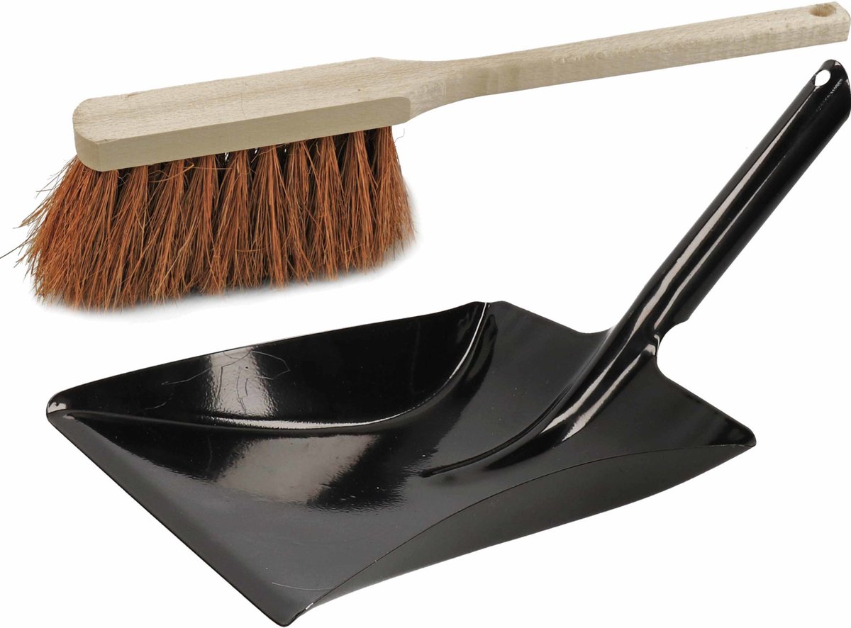 Goedkoopste Stoffer en blik van zwart metaal en kokosvezel voor binnen en buiten met lange steel 45 cm