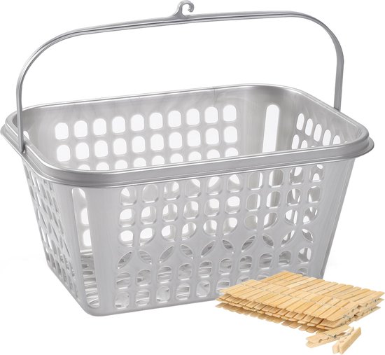 Panier de collection Épingles à linge argent avec crochet - 60x pièces de pinces en bois - 7 cm