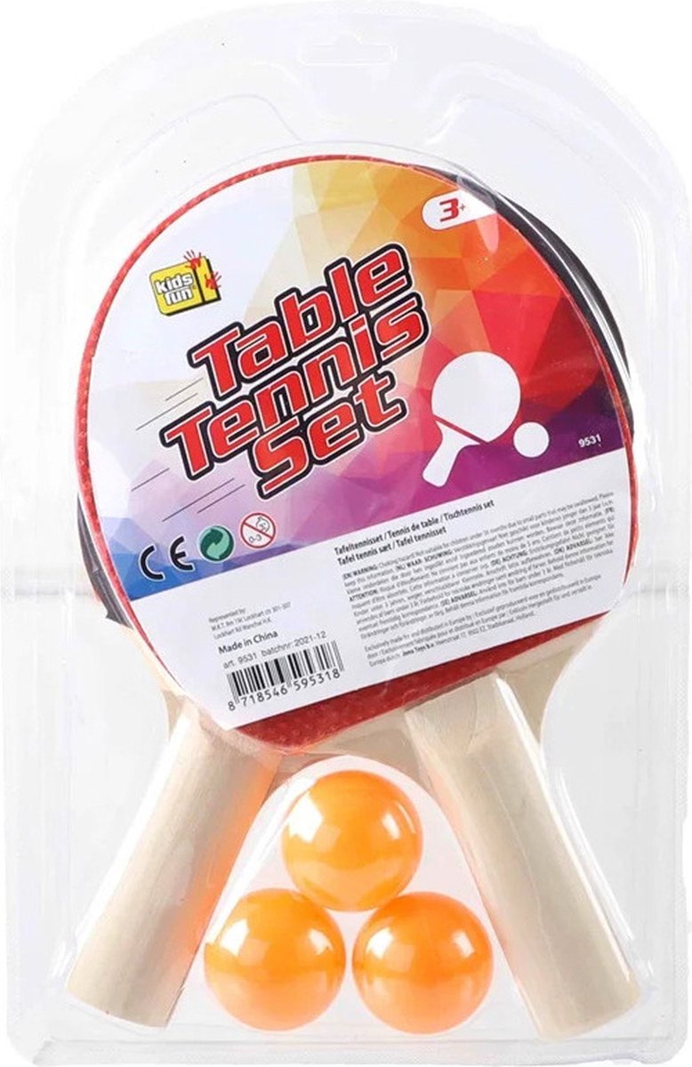 Kids Fun Tafeltennissen/PingPong setje - met 2x batjes en 3x balletjes - Sportief speelgoed