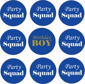 9 Buttons Birthday Boy en Party Squad blauw, waarvan 1 Birthday Boy en 8 Party Squad - button - verjaardag - party - squad