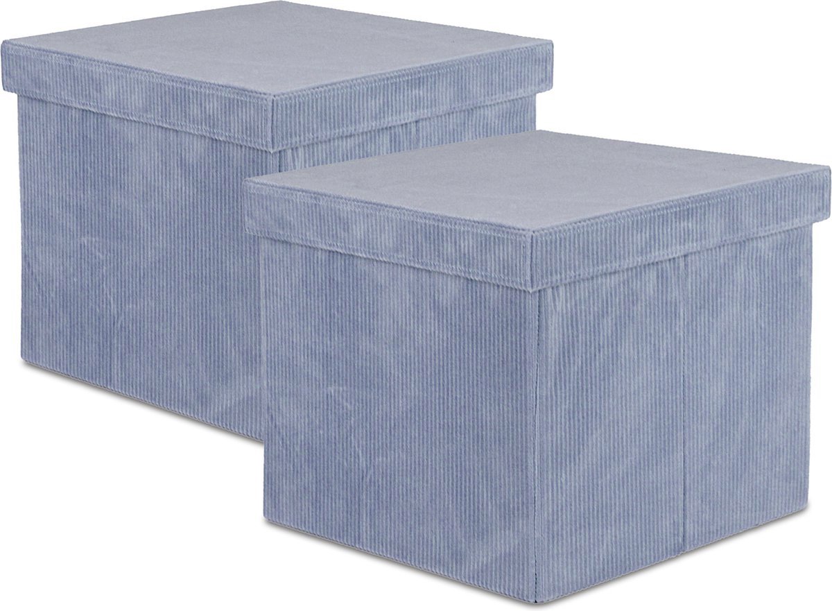 Oliva's - Opbergbox - Opbergmand met deksel - Opbergdoos - Opberg poef - Set van 2 stuks - Velvet ribstof - Blauwgrijs