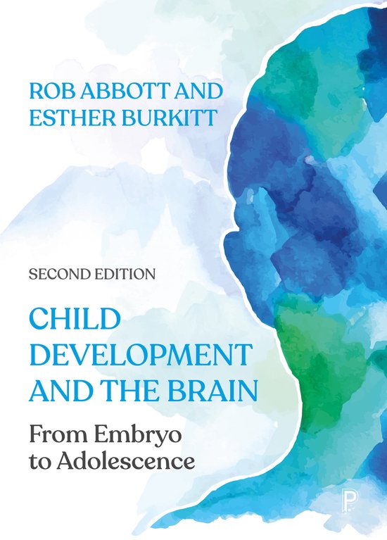 Boek 'Child Development and the Brain' tweede editie, met blauwe en groene aquarelverf.
