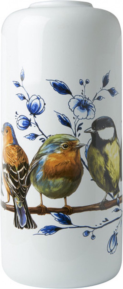 Heinen Delfts Blauw cilinder vaas Bosvogels