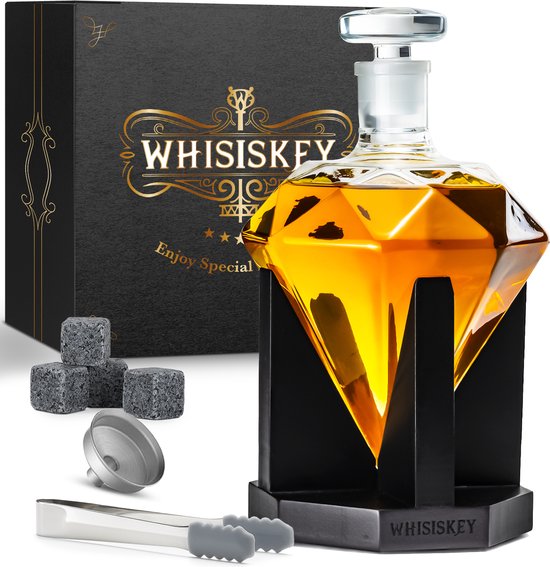 Whisiskey Whiskey Karaf - Diamant- Luxe Whisky Karaf Set - 0,9 L - Decanteer karaf - Whiskey Set - Incl. 4 Whiskey Stones & Schenktuit - Peaky Blinders - Vaderdag Cadeau