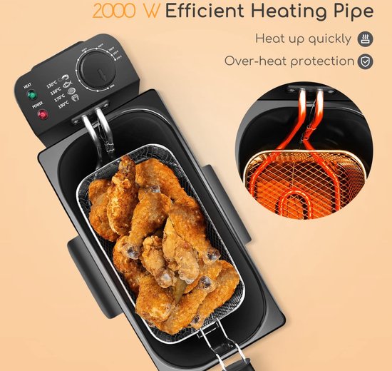 ROYALTY LINE, 3L 2000W EFT2000L Friteuse - Elektrische friteuse met 15L mand, nauwkeurige timer, snelle verwarmingsbuis, gemakkelijk schoon te maken, ideaal voor lekker frituren