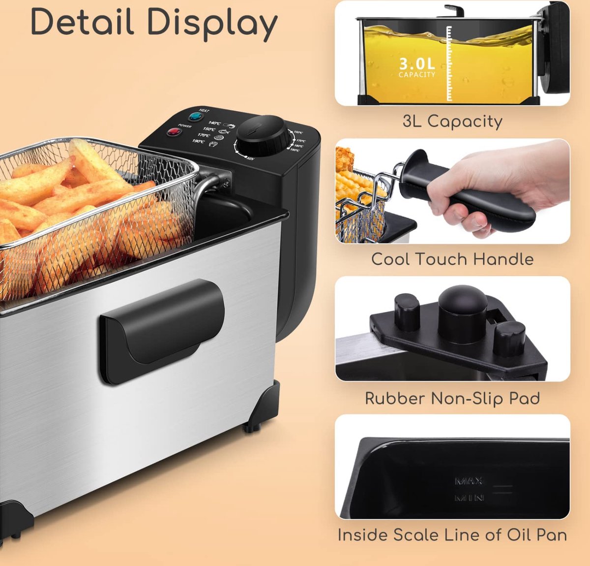 Friteuse Électrique 3L d'Huile 2000W Techwood TFR-300A
