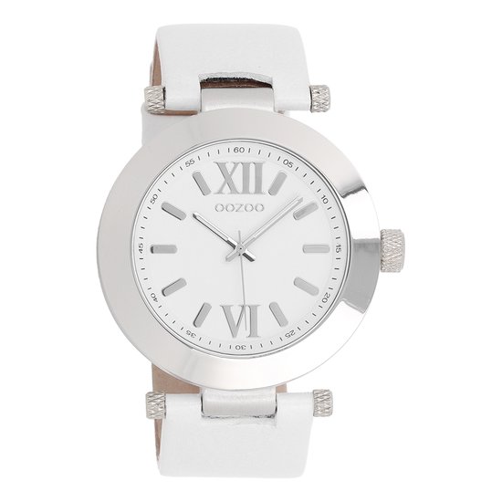 Zilverkleurige OOZOO horloge met witte leren band - C5755