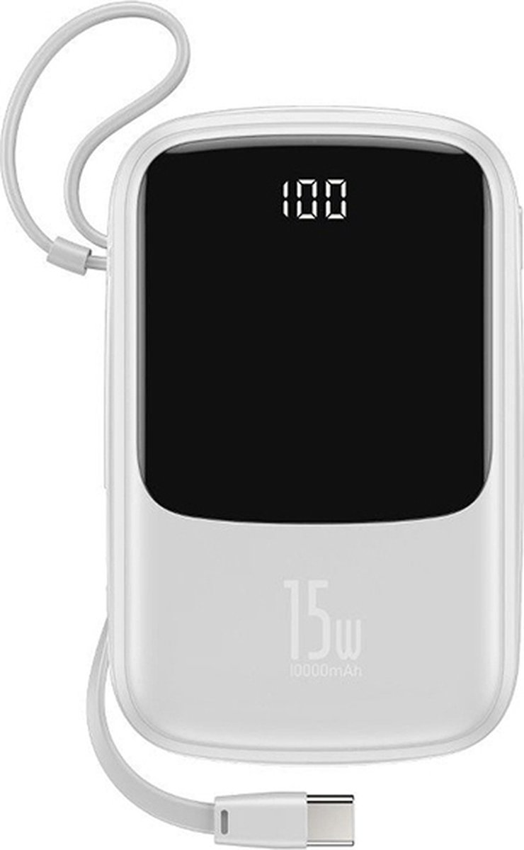 Baseus Qpow - powerbank met USB-C kabel, USB-C, 2xUSB, 10000mAh, 15W wit