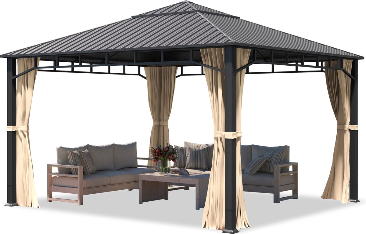 Tuinpaviljoen 4x4 m hardtop stalen dak, 4 zijwanden crème, profiel 9x9cm