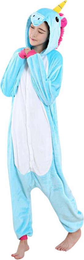 Eenhoorn Blauw Onesie Pak Kostuum Outfit Huispak Jumpsuit Verkleedpak - Verkleedkleding - Halloween & Carnaval - SnugSquad - Kinderen & Volwassenen - Unisex - Maat XL voor Lichaamslengte (175 - 195 cm)