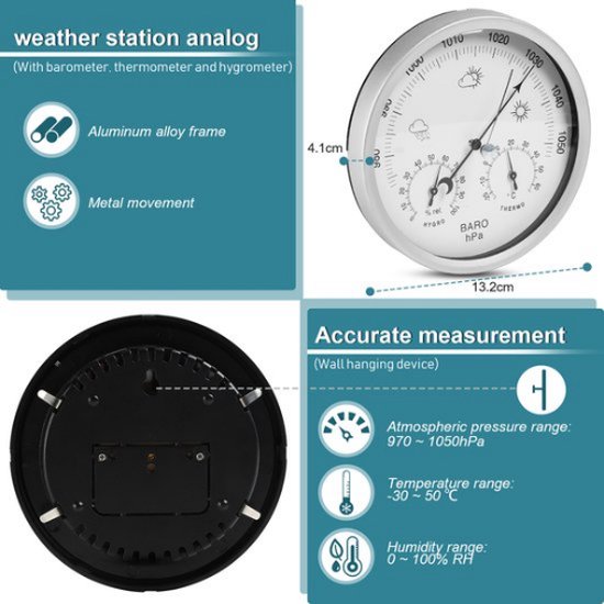 Baromètre analogique - 317M - Barigo - thermomètre / en acier inoxydable /  hygromètre
