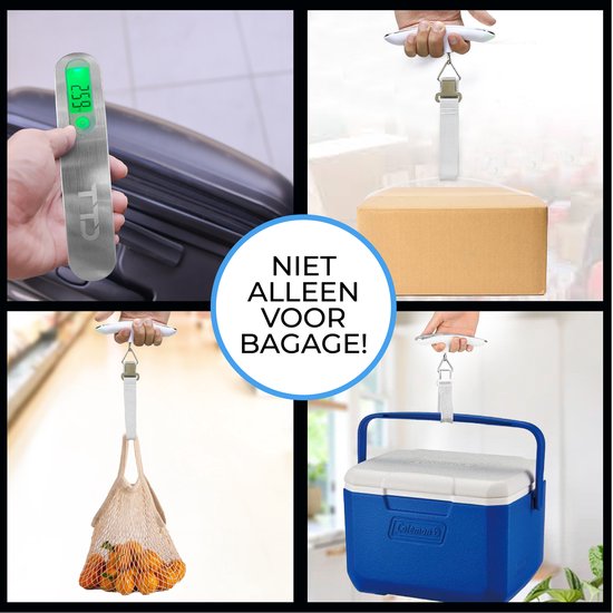 Kwartet van afbeeldingen die de veelzijdigheid van de weegschaal tonen: bagage, pakket, boodschappen en koelbox.