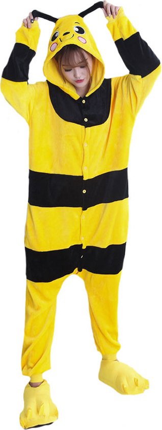 Bij Onesie Pak Kostuum Outfit Huispak Jumpsuit Verkleedpak - Verkleedkleding - Halloween & Carnaval - SnugSquad - Kinderen & Volwassenen - Unisex - Maat L voor Lichaamslengte (168 - 175 cm)