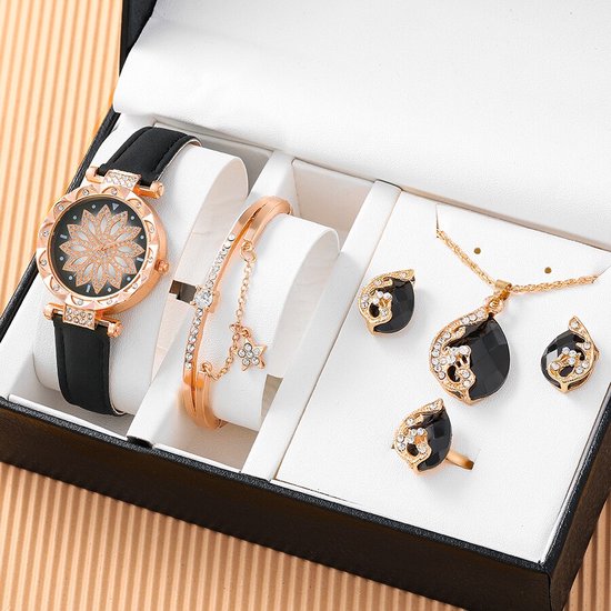 Luxe Vrouwen Quartz Horloge Sieraden Set Zakelijke Mode Casual Ronde Wijzer Bloem Horloge Ketting Oorbellen Ring Set Cadeau Zwart