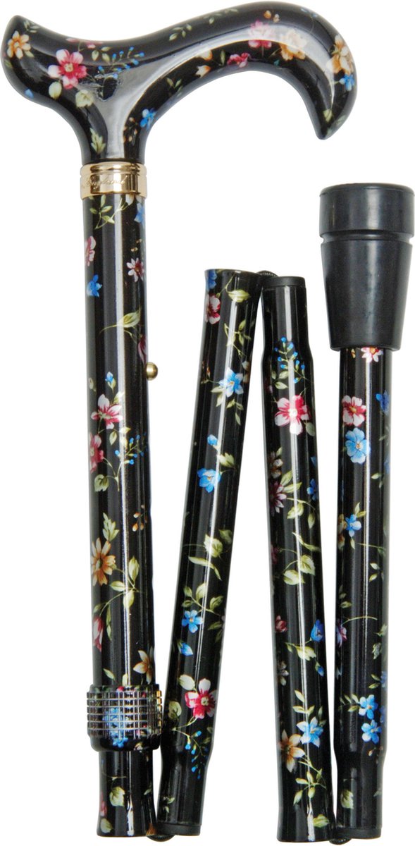 Classic Canes Opvouwbare wandelstok - Bloemen - Zwart - Verstelbaar - Lengte 82 - 92 cm - Aluminium - Derby handvat - Gewicht 420 gram - Diameter wandelstok 19 mm - Wandelstokken - Voor heren en dames - Inklapbare wandelstok - Wandelstok opvouwbaar